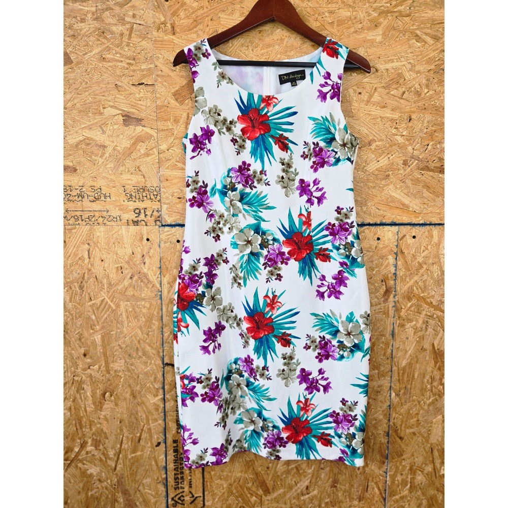 DN Design Floral Dress Size10 Sleeveless White Red Purple Tropical Summer Sheath